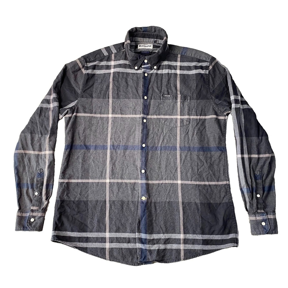 Barbour Shirt Mens XL Black Grey Tartan Plaid Tailored Fit Flannel Button Up